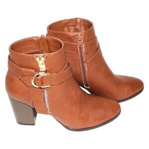 Faux Brown Leather and Gold Heeled Bootie Size 8.5